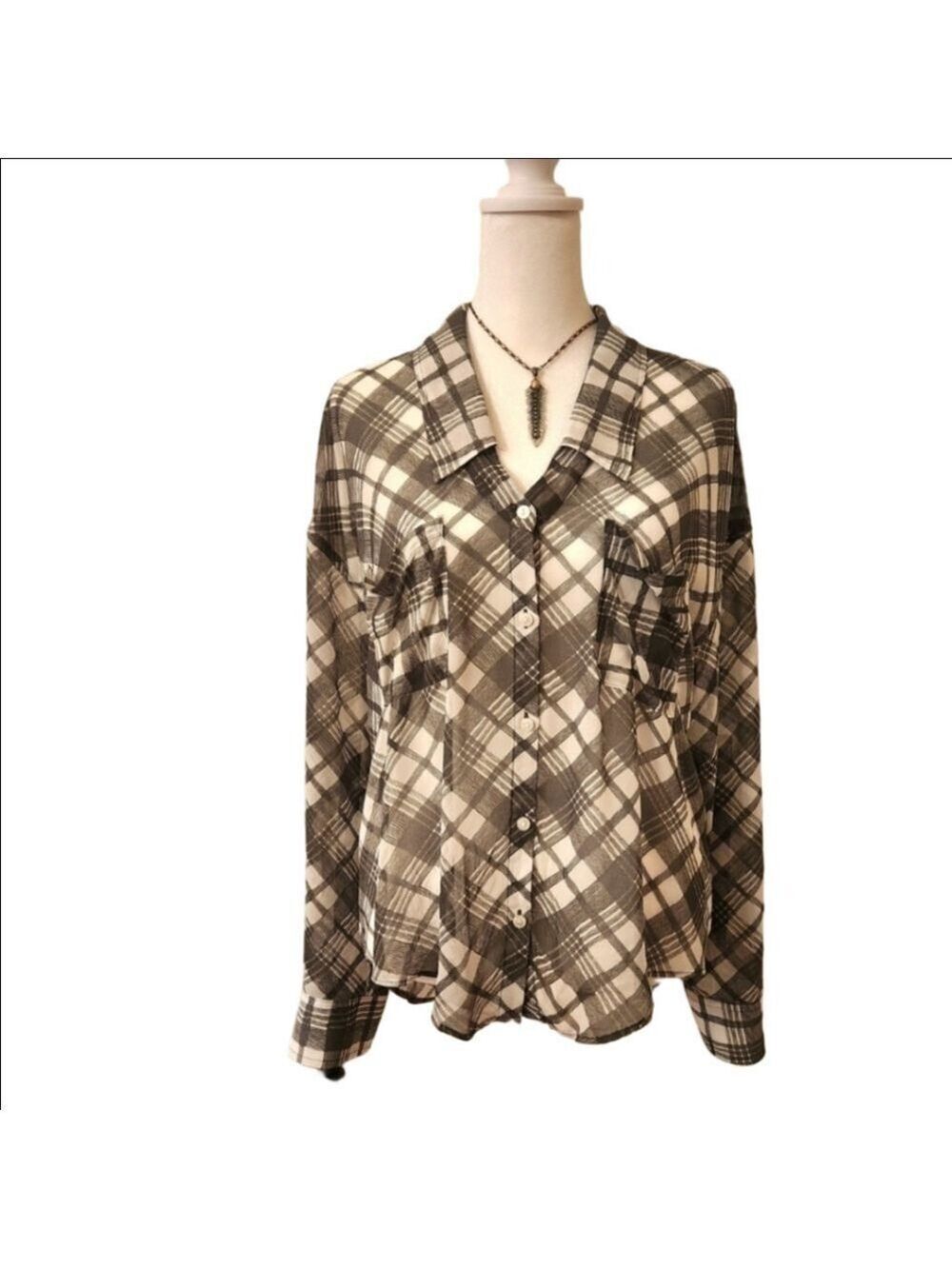 FREE PEOPLE SHEER BLOUSE BLACK & WHITE PLAID - LOOKS AMAZING ON! S/M